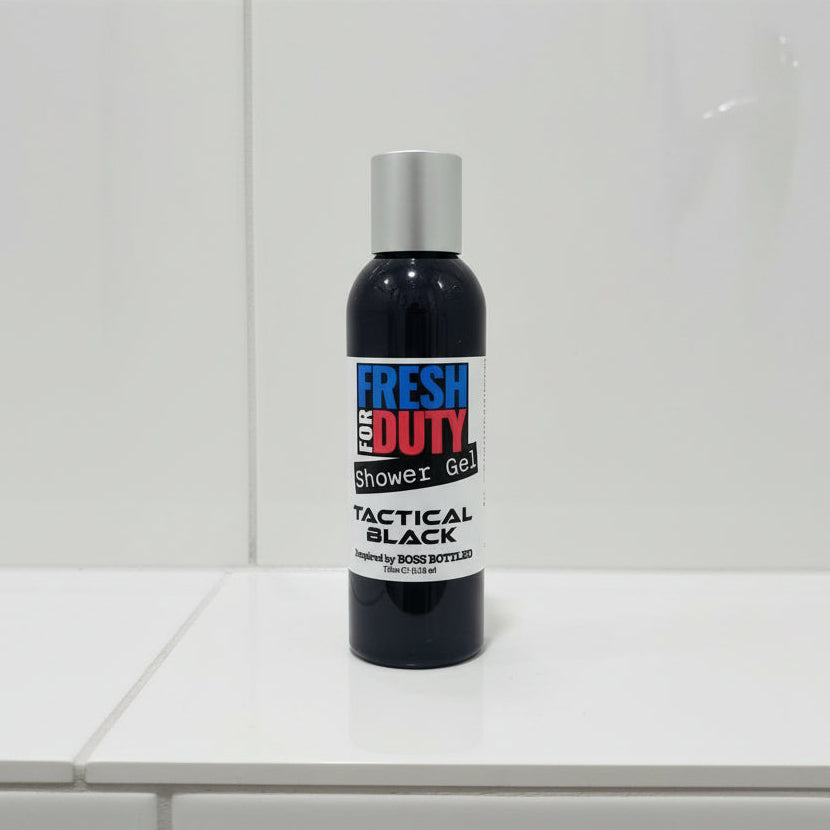 Bottle of tactical black gel with a label on a white background