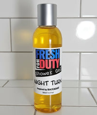 Bottle of 'Fresh for Duty' shower gel on a light background