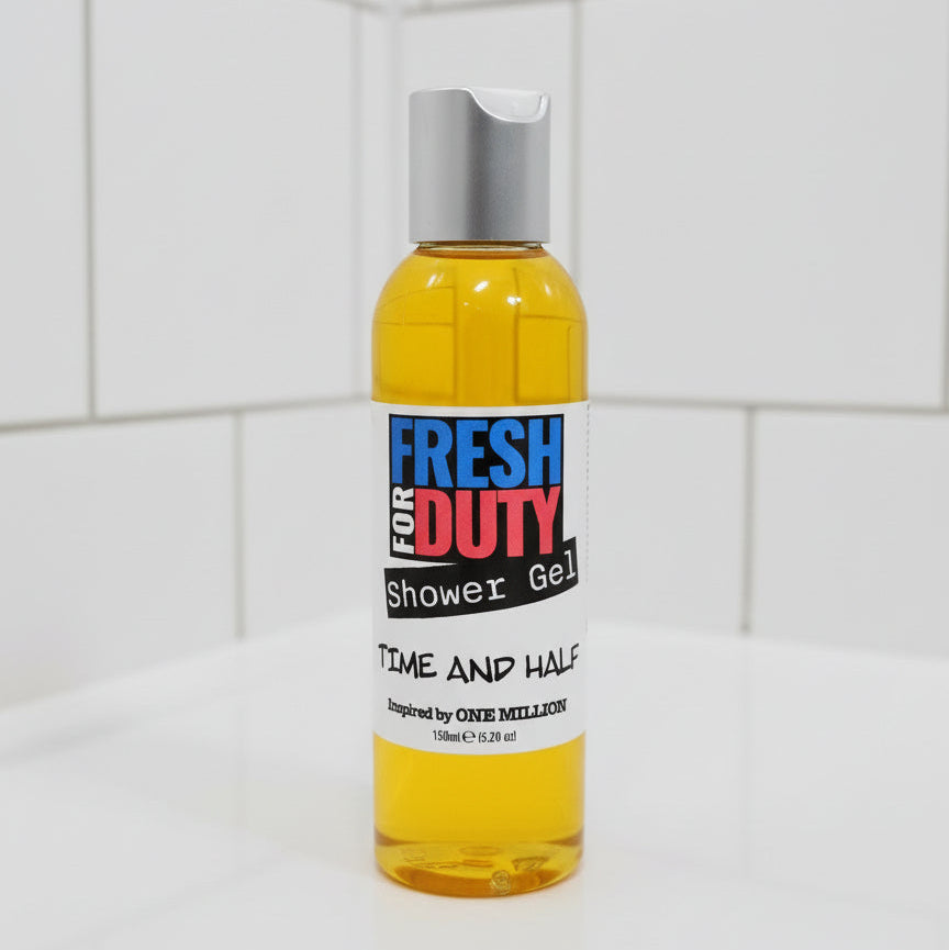 Bottle of Fresh for Duty shower gel on a tiled bathroom wall.
