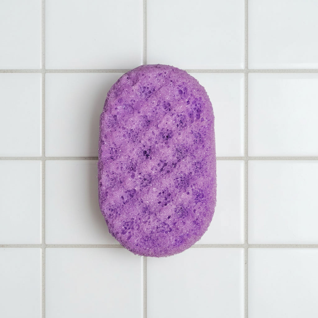 Purple textured sponge on a white tile background