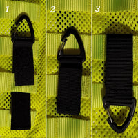 A 3 step example of how the Molle key clip can be worn, by sliding the velcro straps through molle webbing from the top down, then flipping the molle key clip over, so the clip is now at the bottom of the image.  The key clip is black, and the molle webbing is yellow hi-vis